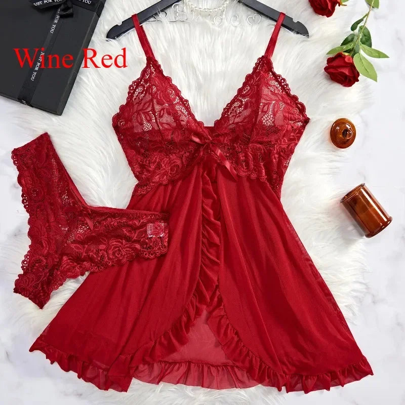 Lace Bra & Slip Nightdress Set — Wire-Free Sexy Sleepwear
