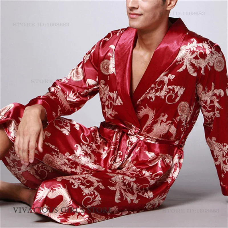 Men's Dragon Print Kimono Bathrobe — Plus Size Satin Robe