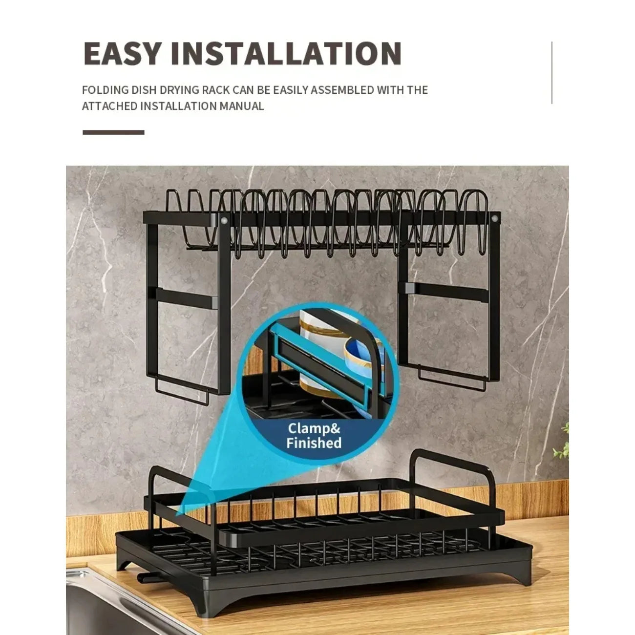 2-Tier 360° Rotating Dish Drying Rack — No-Drill Metal Kitchen Organizer with Utensil Holder & Drainboard