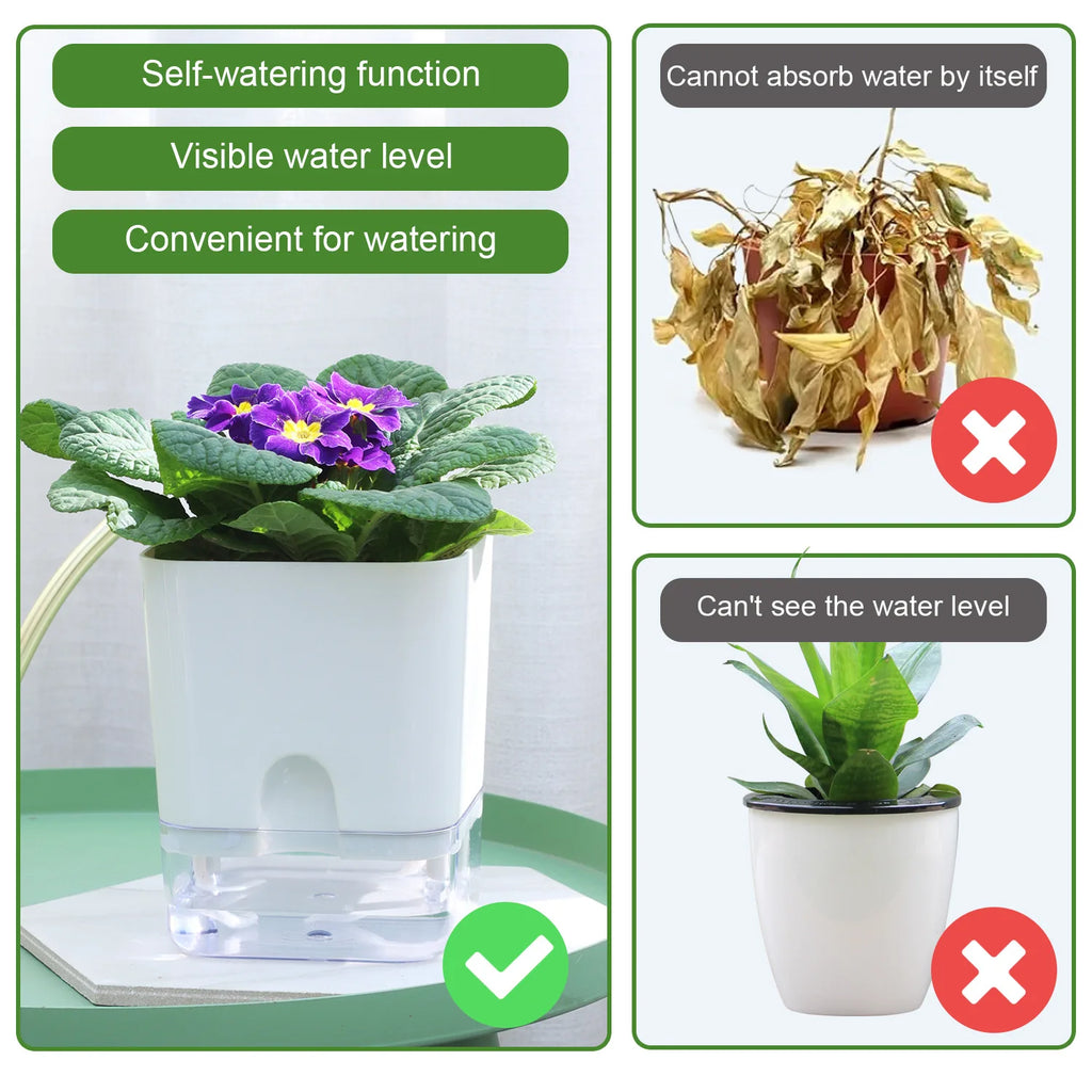 Double-Deck Self-Watering Planter Pot — Magnetic Plastic with Cotton Wick for Indoor & Garden Use