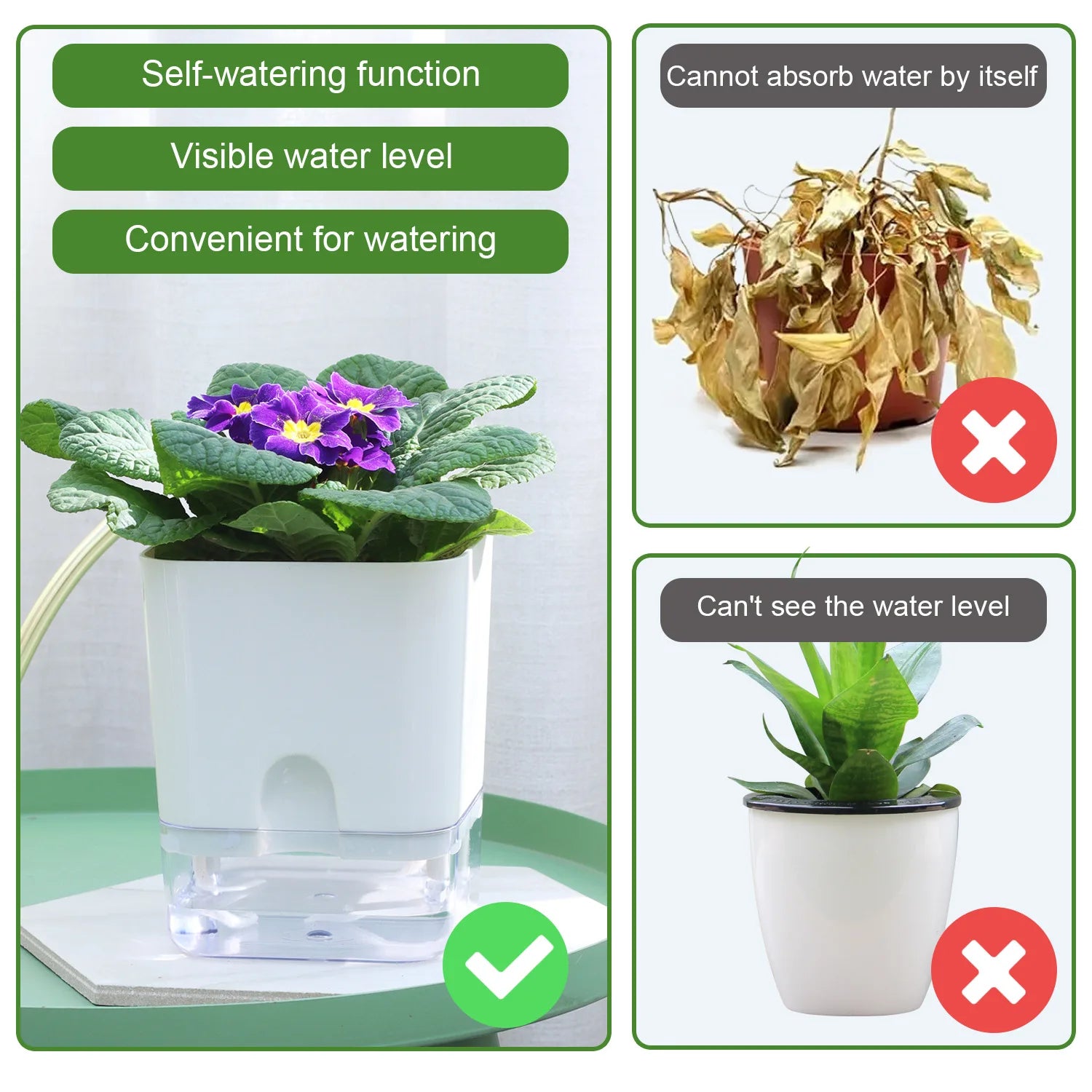 Double-Deck Self-Watering Planter Pot — Magnetic Plastic with Cotton Wick for Indoor & Garden Use