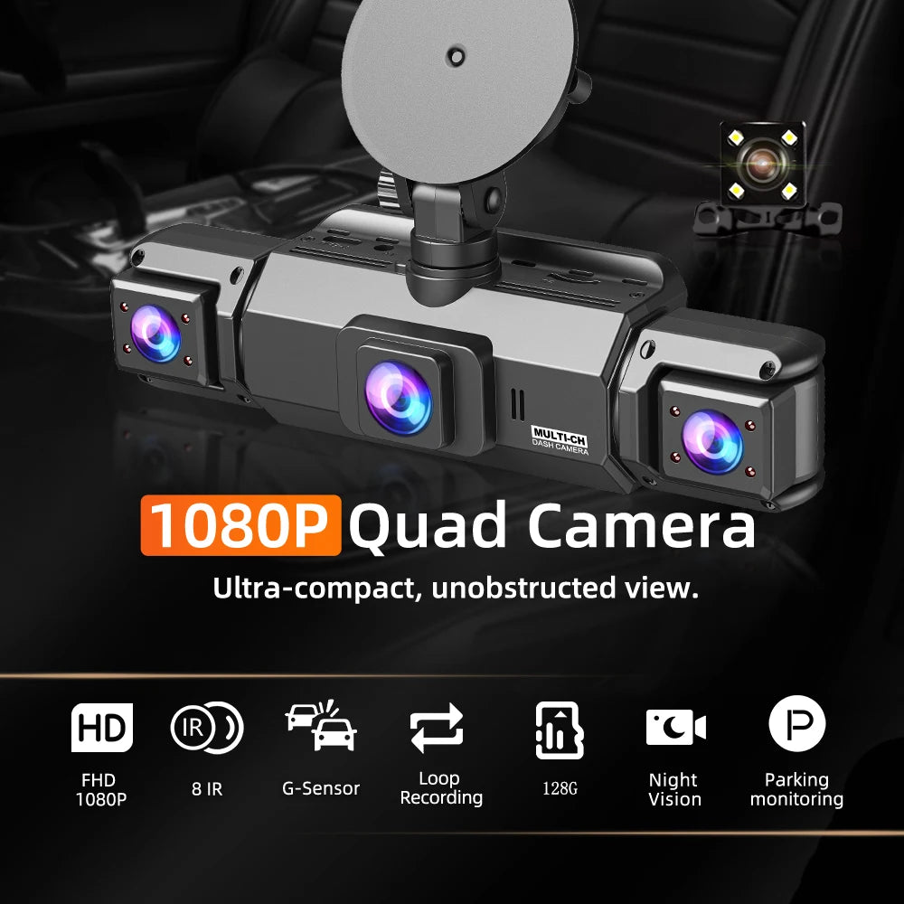 4-Channel WiFi Dashcam – FHD 1080P, Night Vision, Loop Recording, Parking Monitor | Front + Rear + Side