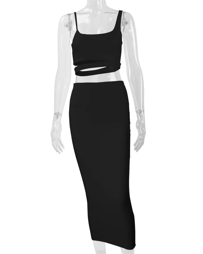Sexy Pleated Hollow-Out Two-Piece Dress — Elegant Long Night Party Dress