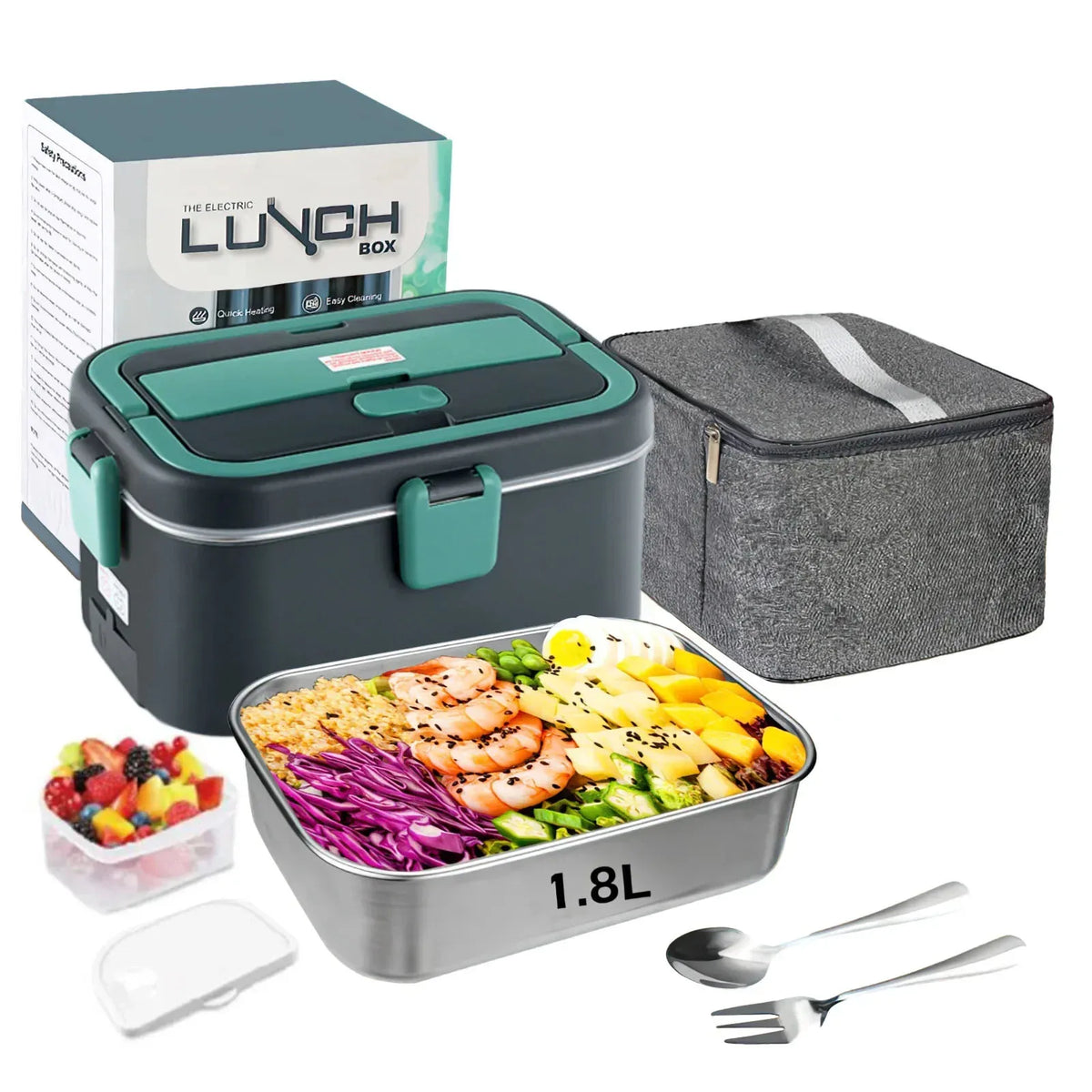 Lunch box set with food compartments, utensils, and cooler bag on a white background