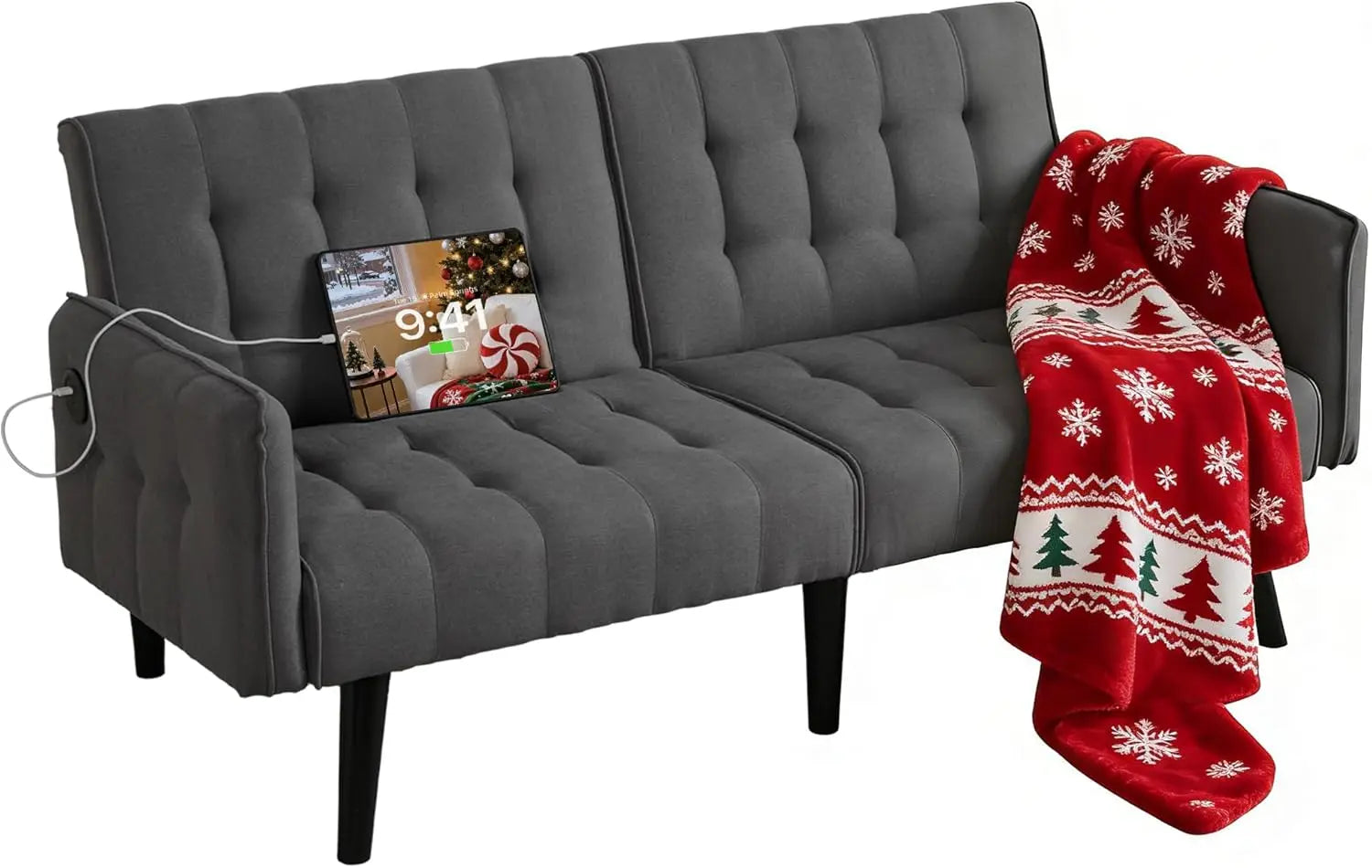 Sofa, Bed & Charging Station in One — TYBOATLE 65" Futon Sofa Bed | 2 USB Ports, Tufted Linen, Adjustable Loveseat for Small Spaces