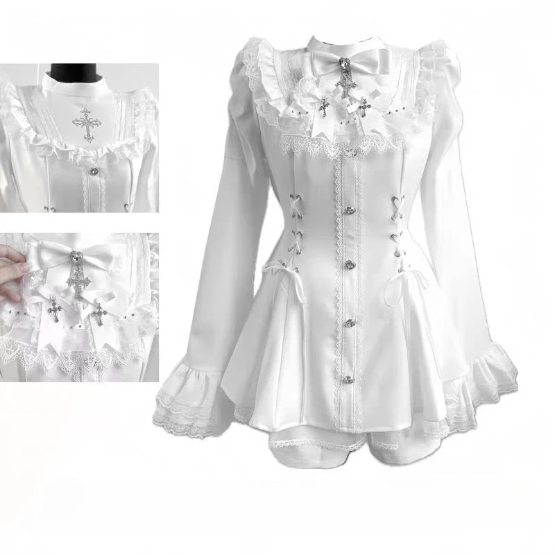 Japanese Gothic Lolita Mini Dress — Harajuku Y2K Bow Lace Ruffle Party Dress