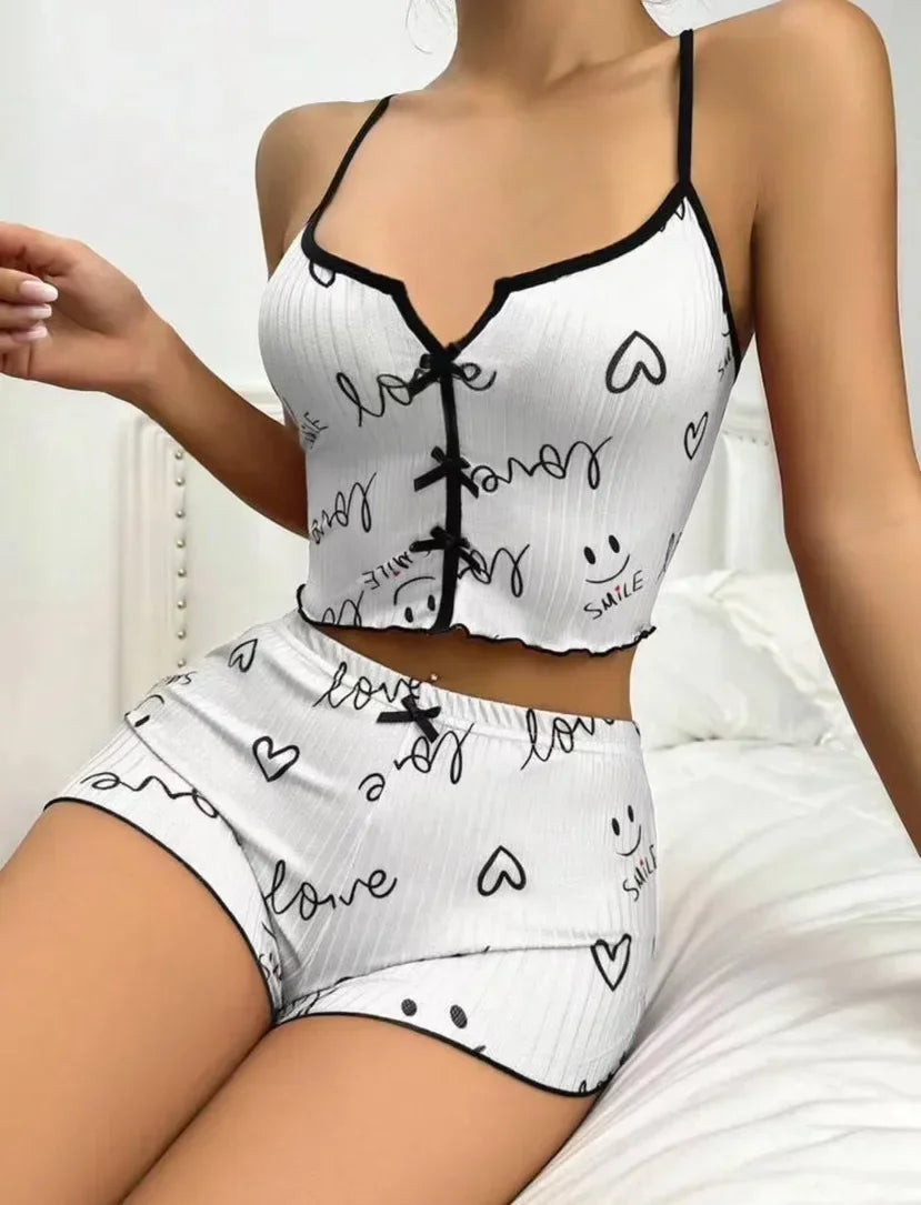 Heart Print Frill Trim Cami & Shorts Pajama Set — Cute Loungewear