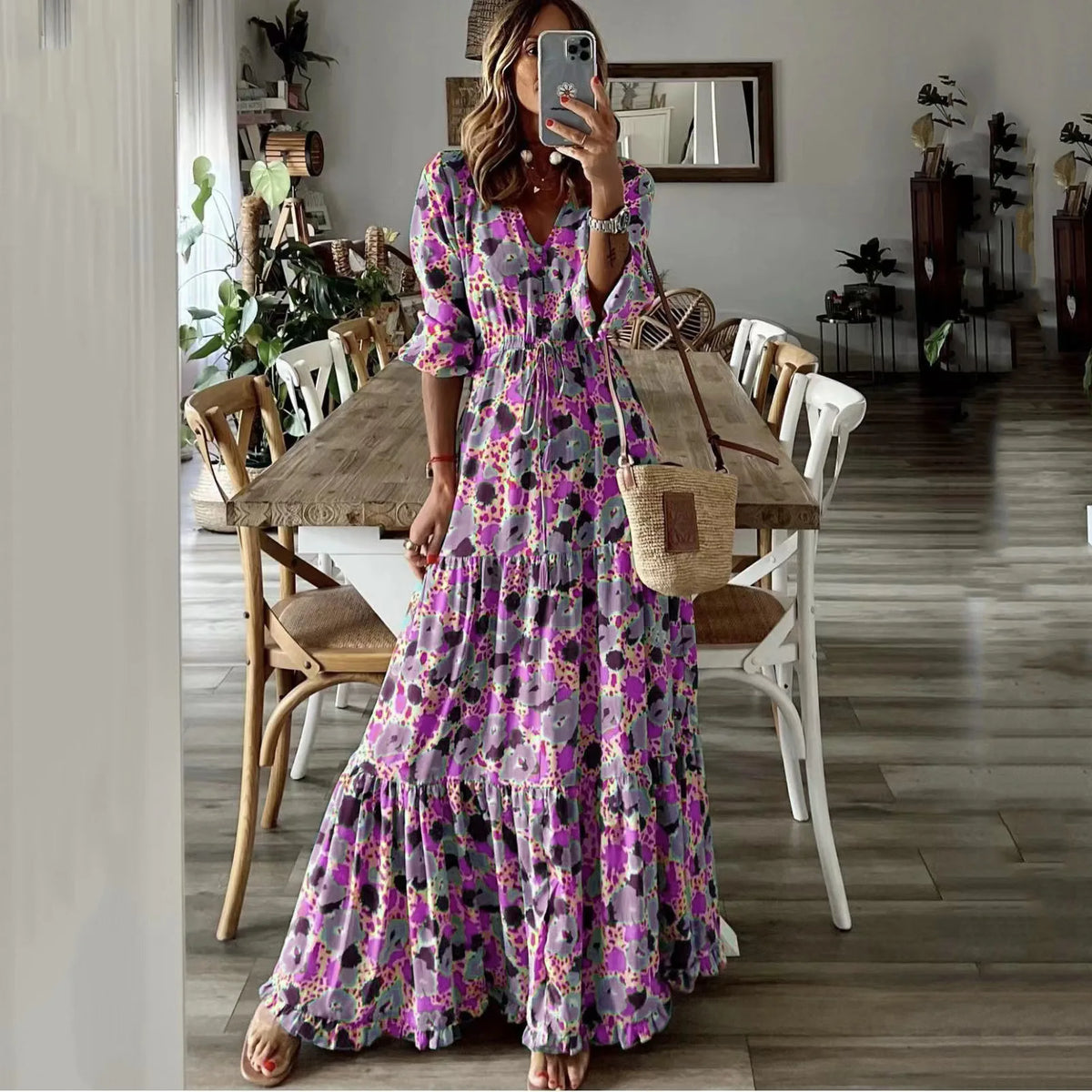 Women's Printed V-Neck Long Sleeve Bohemian Midi Dress – High Waist Elastic Waist Dress