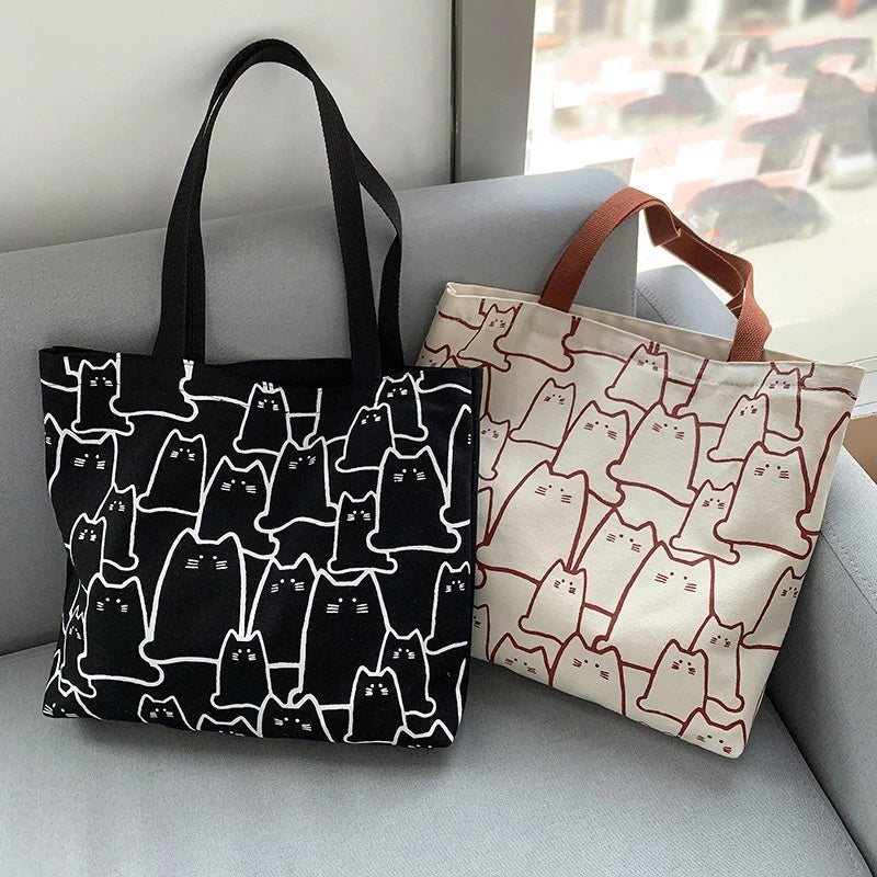 Cute Cat Canvas Tote Bag – Japanese Style Cartoon Shoulder Bag with Zipper for Women