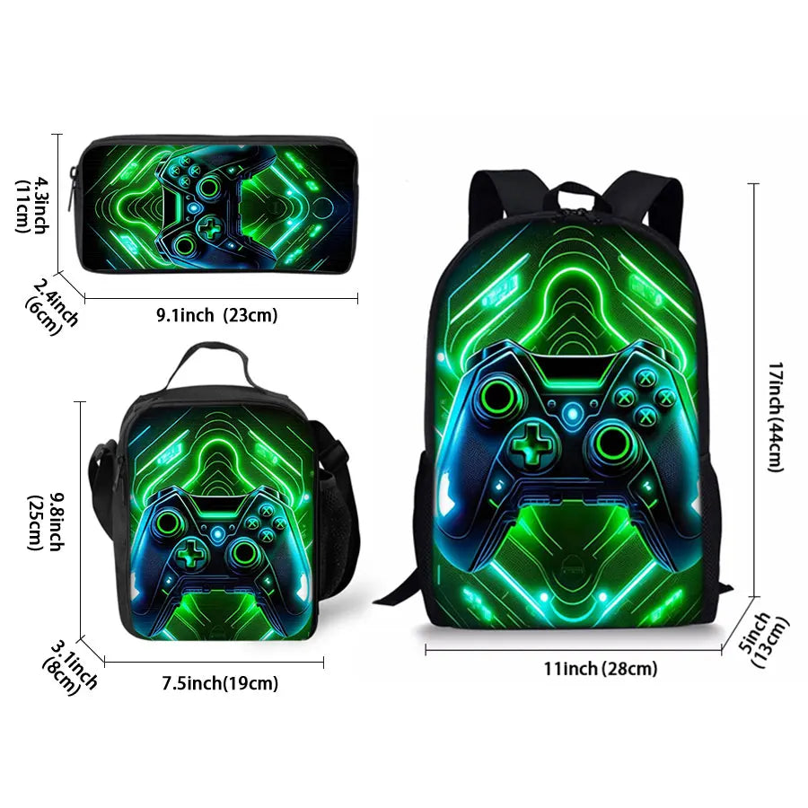 Game Console 3-Piece Kids Backpack Set – School Bag, Lunch Bag & Pencil Case