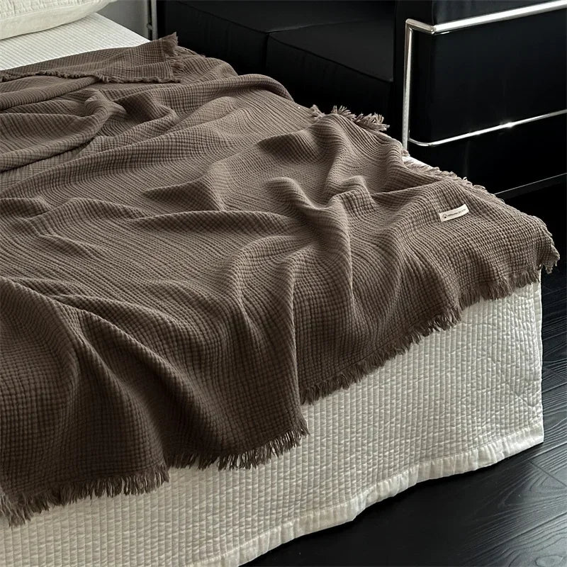 100% Cotton Tassel Blanket – Skin-Friendly Plaid Sofa Throw & Bed Shawl, Solid Color