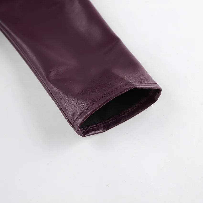 Women's Belted Faux Leather Jacket – Wine Red