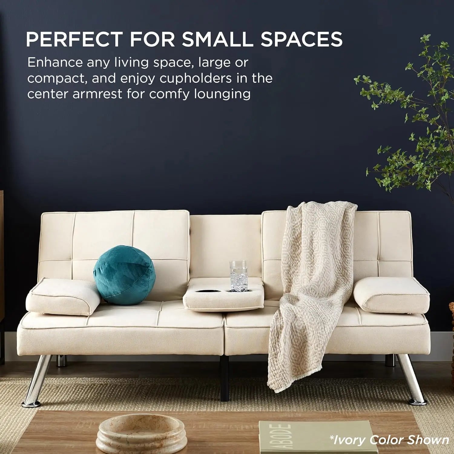 Sit, Recline, Sleep — Modern Linen Folding Futon Sofa Bed | 3 Positions, 2 Cupholders, Removable Armrests, 500 lb Capacity