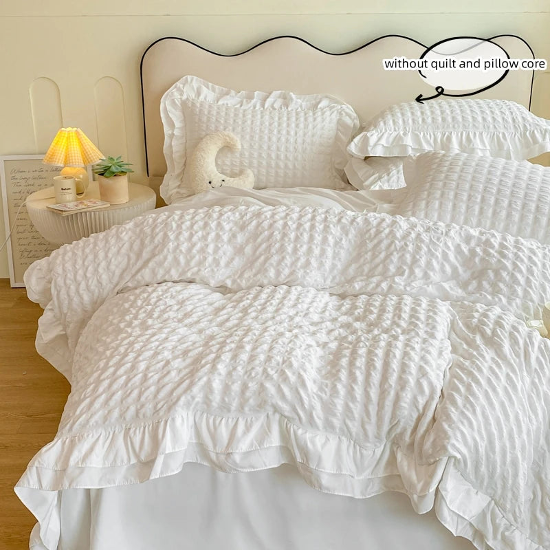 Korean Seersucker Lace Duvet Cover Set – 3-Piece Bedding, 3 Colors & 10 Sizes
