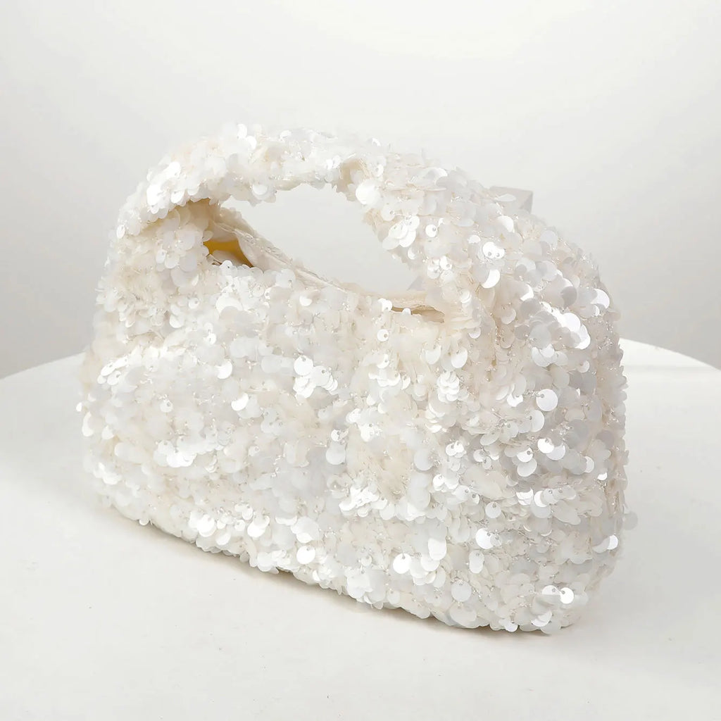 White Sequin Hobo Bucket Bag – Shiny Evening Clutch Tote for Wedding Party & Special Occasions