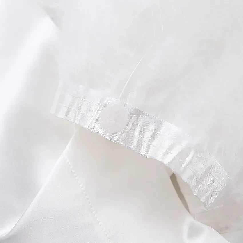 White Feather & Fur Trim Satin Robe | Bridal Nightgown Bathrobe for Women