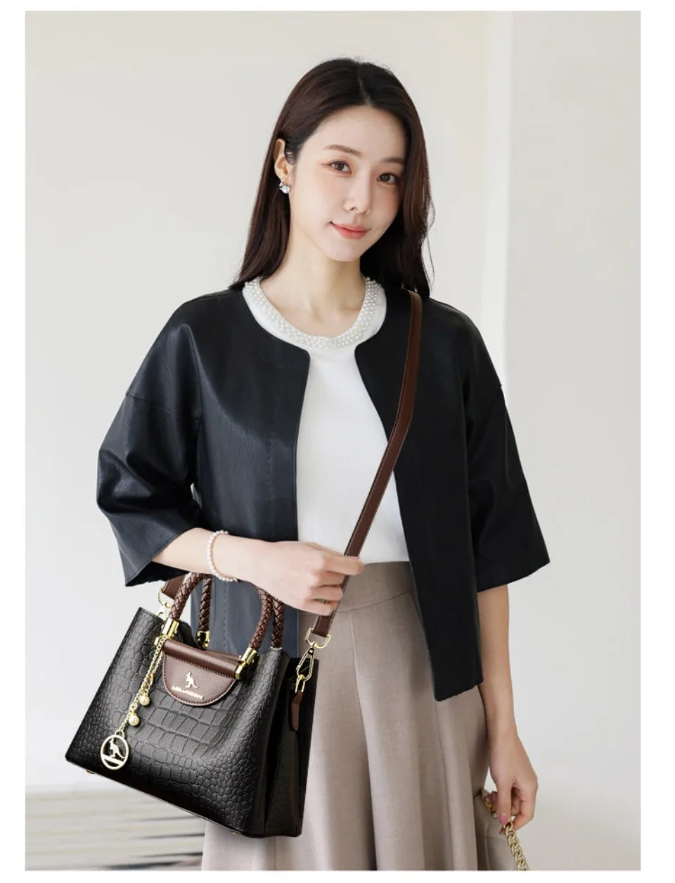 VANDERWAH Woven Handle Alligator Microfiber Leather Tote – Luxury Designer Shoulder Handbag for Women