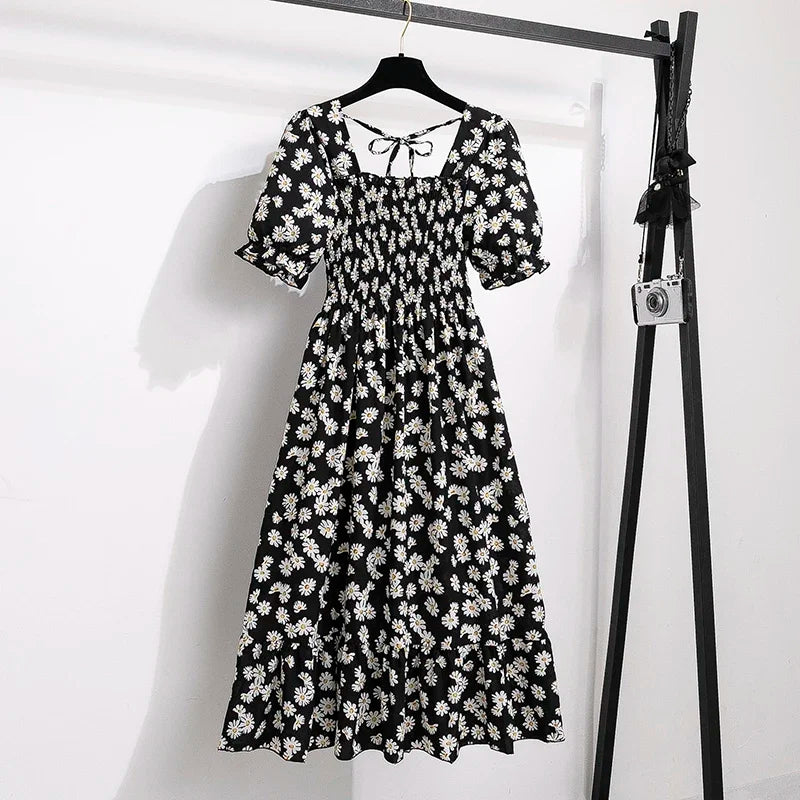 Chiffon A-Line Midi Dress — Elastic Waist Short Sleeve Casual Dress