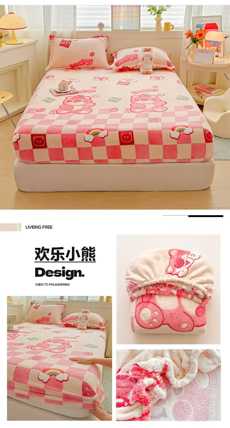 Flannel Fleece Fitted Bed Sheet – Warm Cartoon Purple, Elastic Single to King, Winter Bedsheet