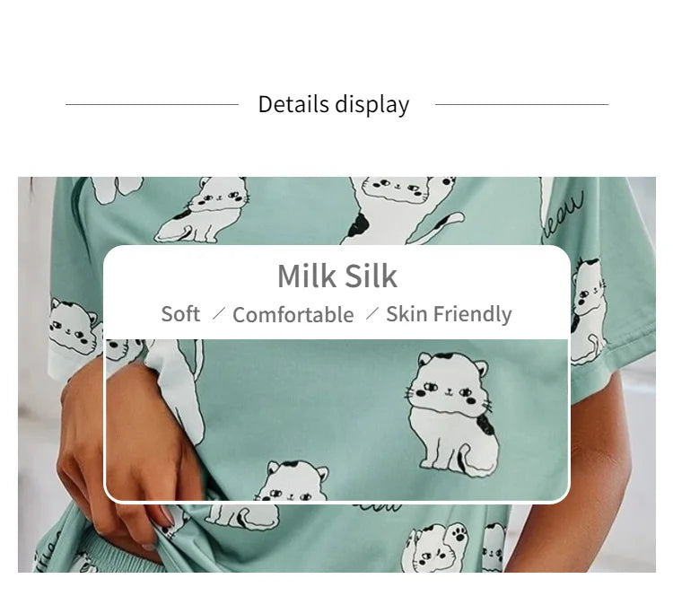 Cartoon Print 2-Piece Pajama Set — Short Sleeve Top & Pants