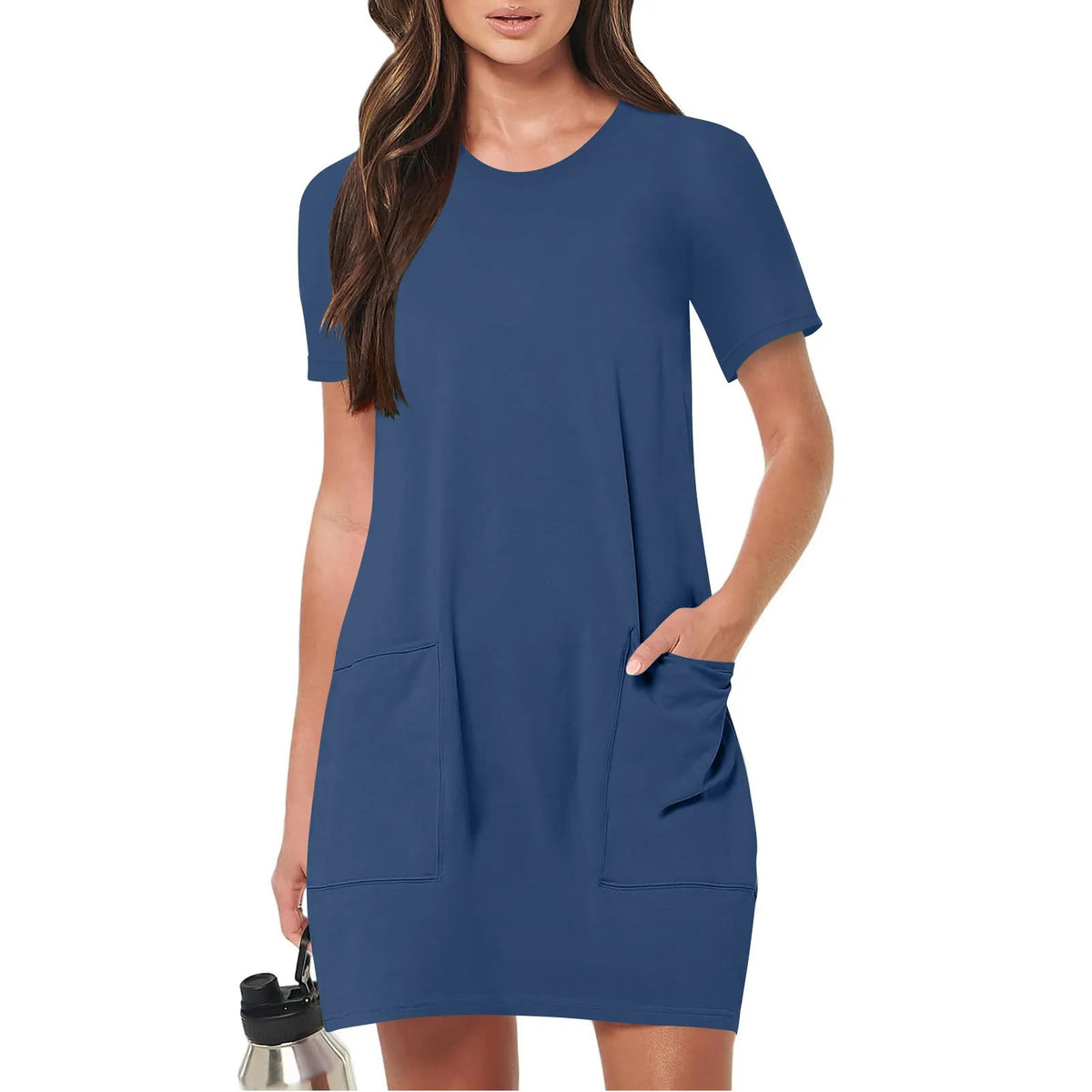 Solid Color Pocket Casual Sports Dress — Short Sleeve O-Neck A-Line Knee-Length Dress