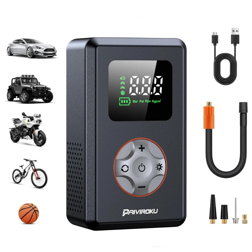 Portable air compressor with digital display and various attachments on a white background