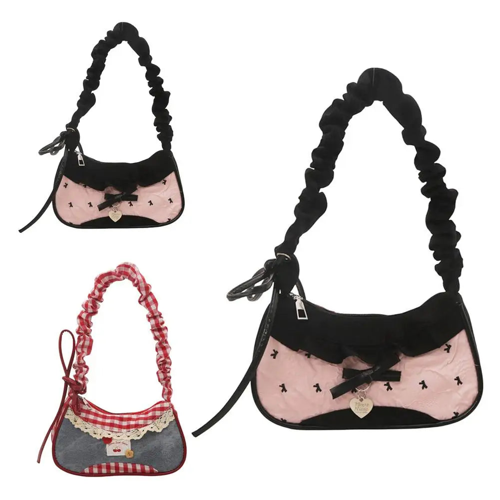 Fashion Grid Lace Ribbon Shoulder Bag – Stretchable Underarm Bag for Daily Commuting & School