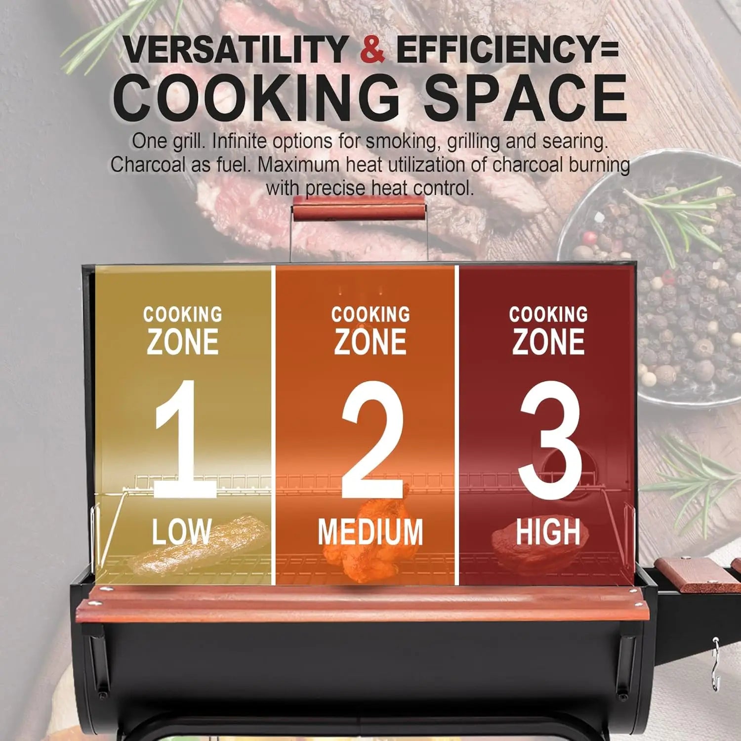 Charcoal BBQ Barrel Grill 30-Inch | 627 Sq. In. Cooking Surface, Woodgrain Side Table, Lid Thermometer, Adjustable Fire Grate, Outdoor Patio & Backyard