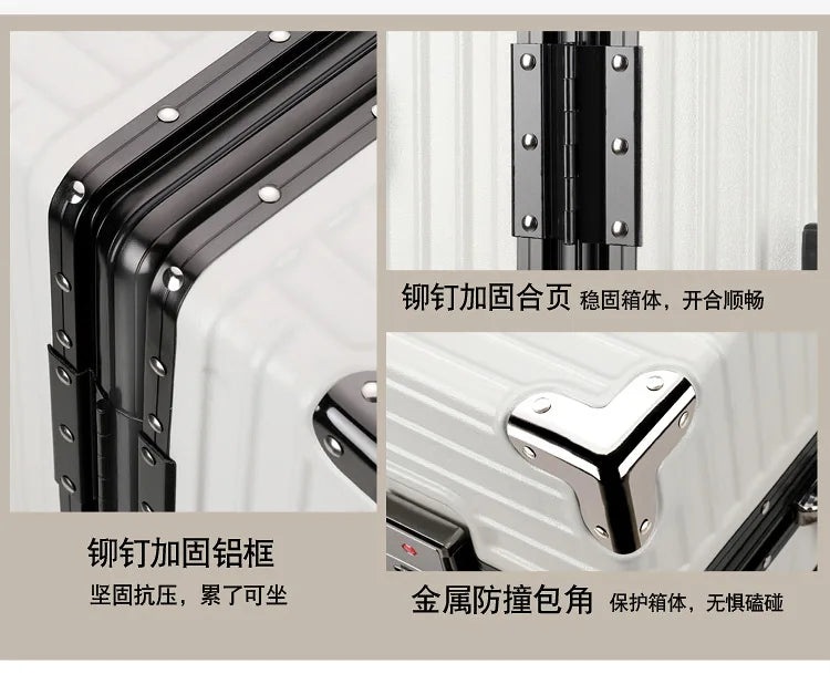 Aluminum Frame Leather Trolley Case — 20"/24"/26"/28" Universal Wheels