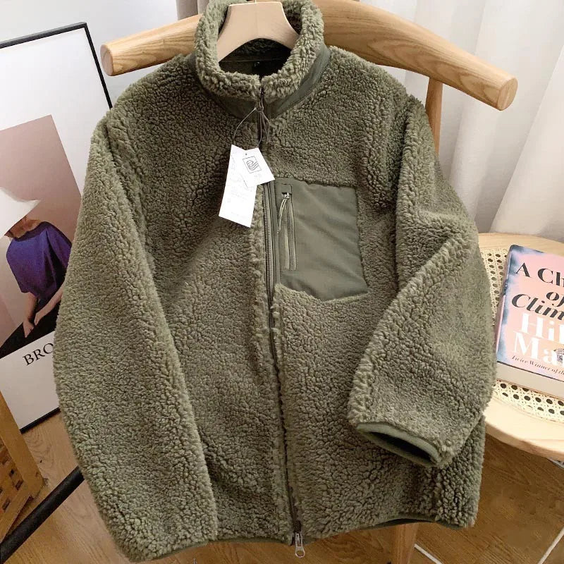 Japanese Fleece Zip Jacket – Unisex Loose Warm Lamb Wool Coat for Couples