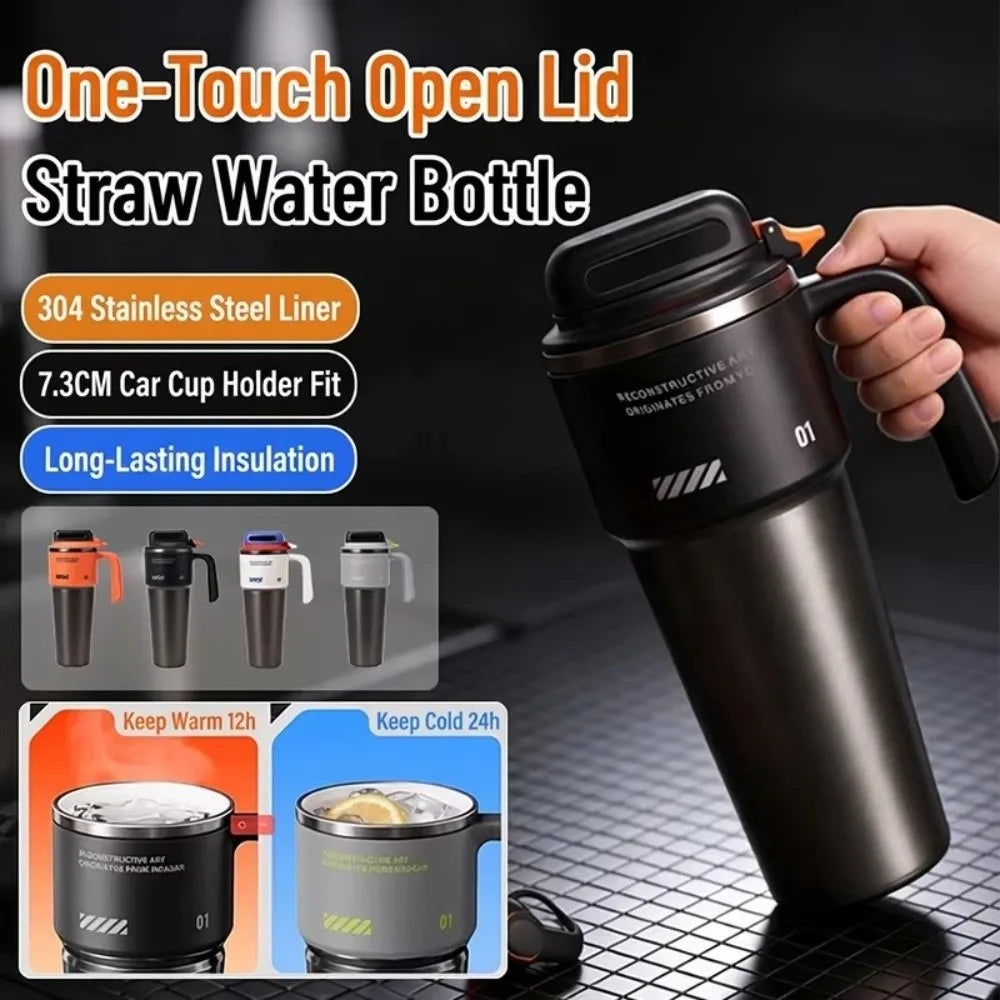 304 SS Insulated Car Tumbler with One-Click Lid & Built-In Straw – Food Safe, 27cm, Gray/Orange/White/Black