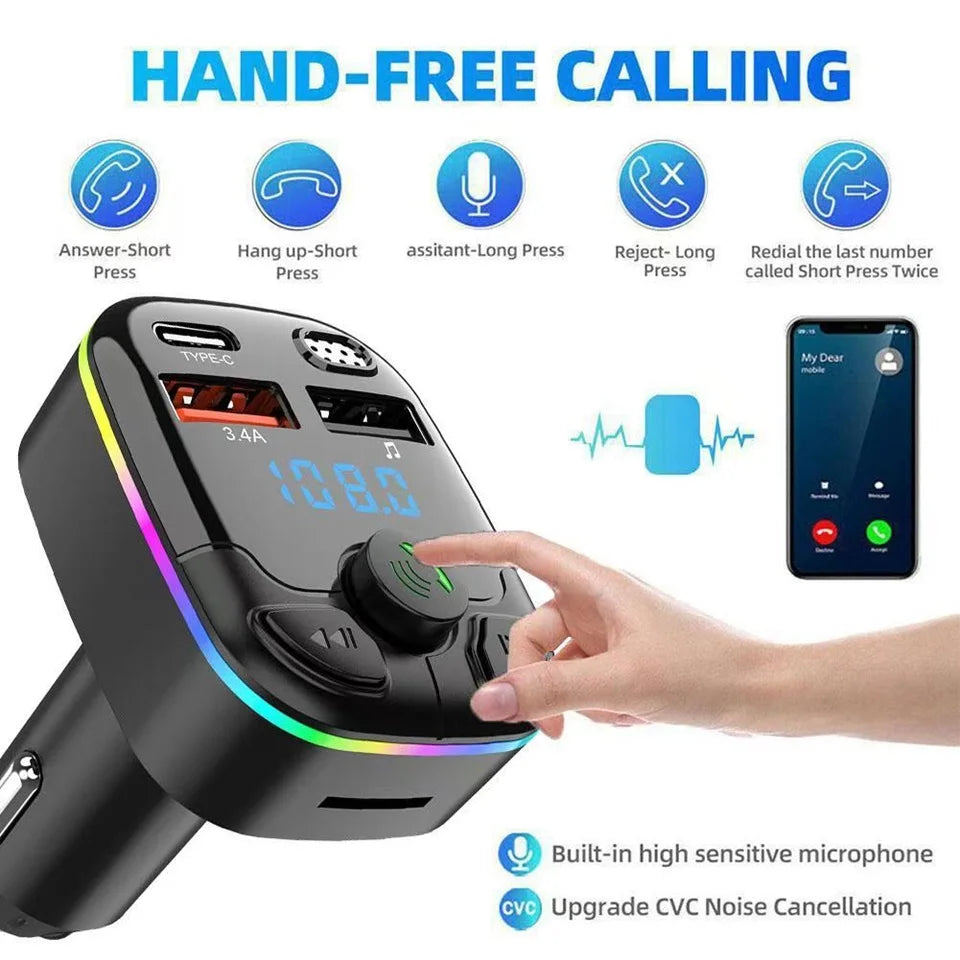 Car Charger Bluetooth 5.0 FM Transmitter — Multi-Port Fast Charging & Hands-Free Audio