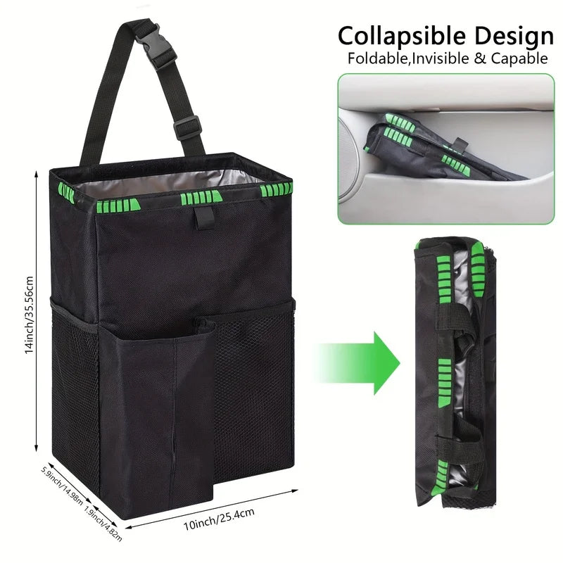 Collapsible car organizer with dimensions and a folded view on a white background