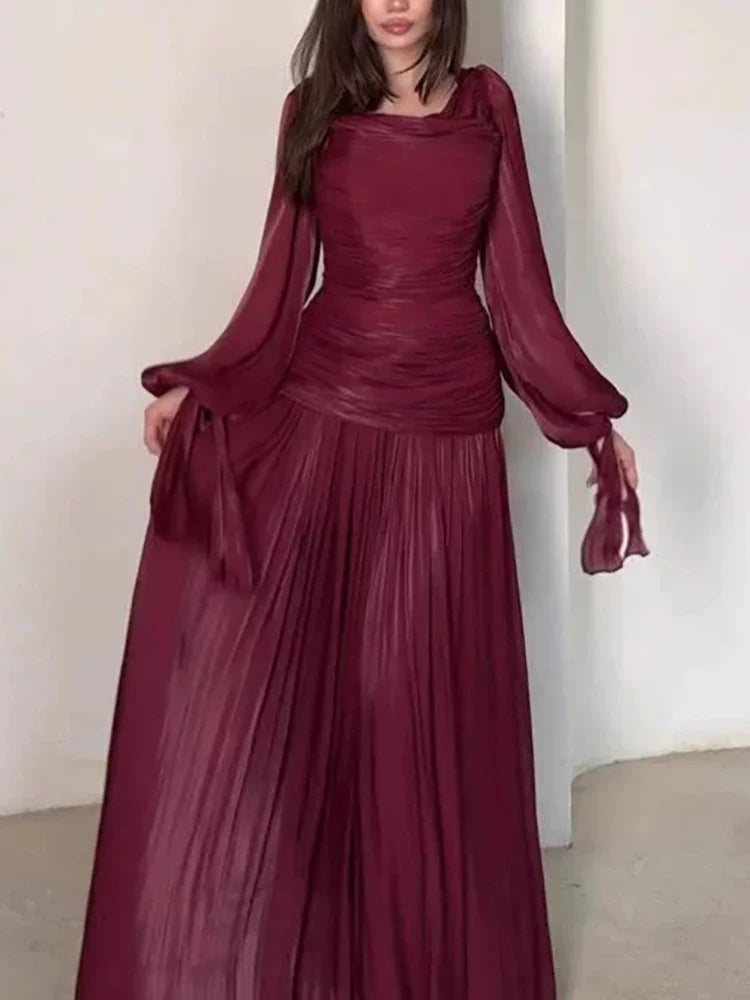 Women's Fashion Draped Design Solid Long Dress 2026 Casual Commute Waist Party Dresses Elegant O-neck Long Sleeve Evening Dress