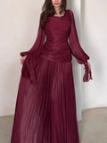 Women's Fashion Draped Design Solid Long Dress 2026 Casual Commute Waist Party Dresses Elegant O-neck Long Sleeve Evening Dress