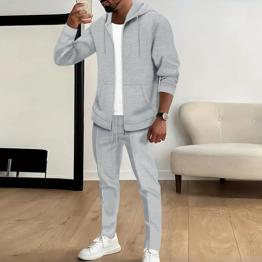 Men's Waffle Knit Slim-Fit Hooded Cardigan & Pants Tracksuit