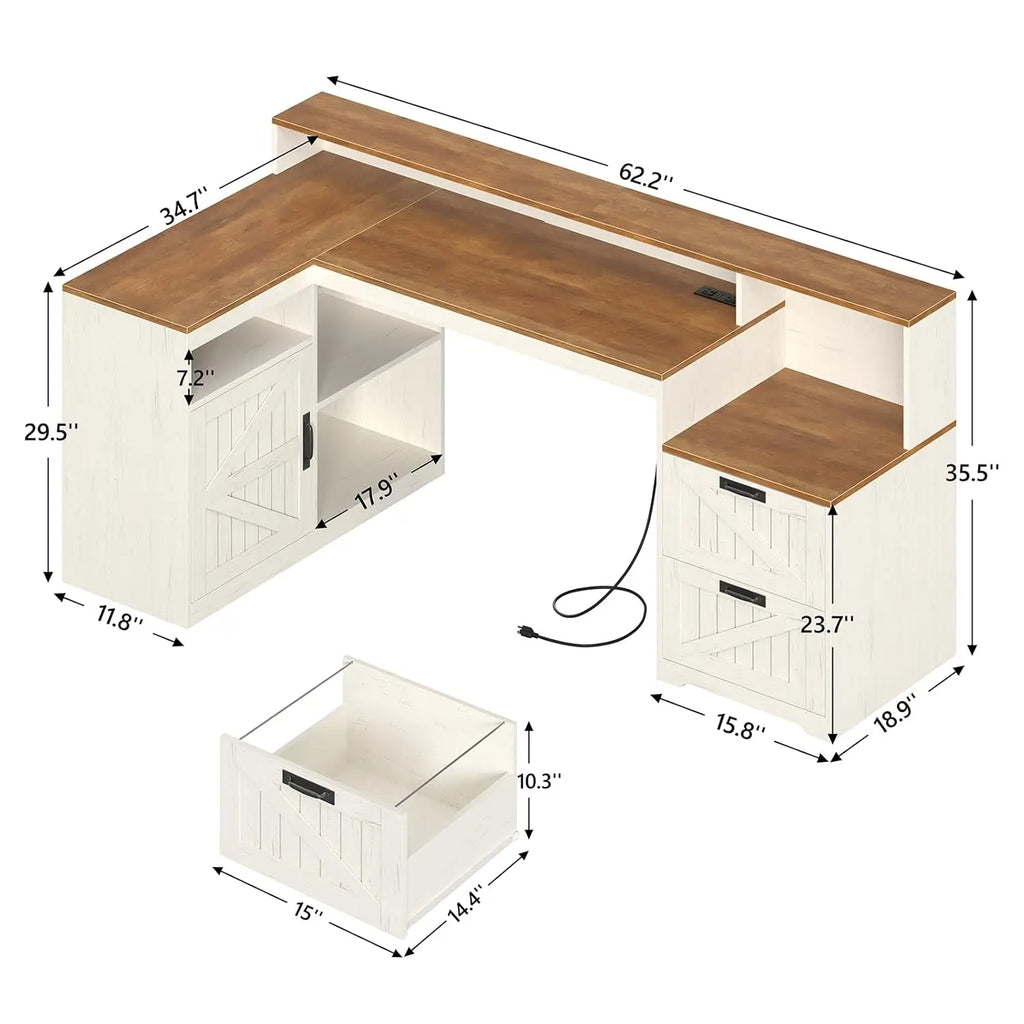 Farmhouse L-Shaped Desk with Drawers & Power Outlet — 62.2" Home Office Desk with Storage Shelves & Monitor Stand