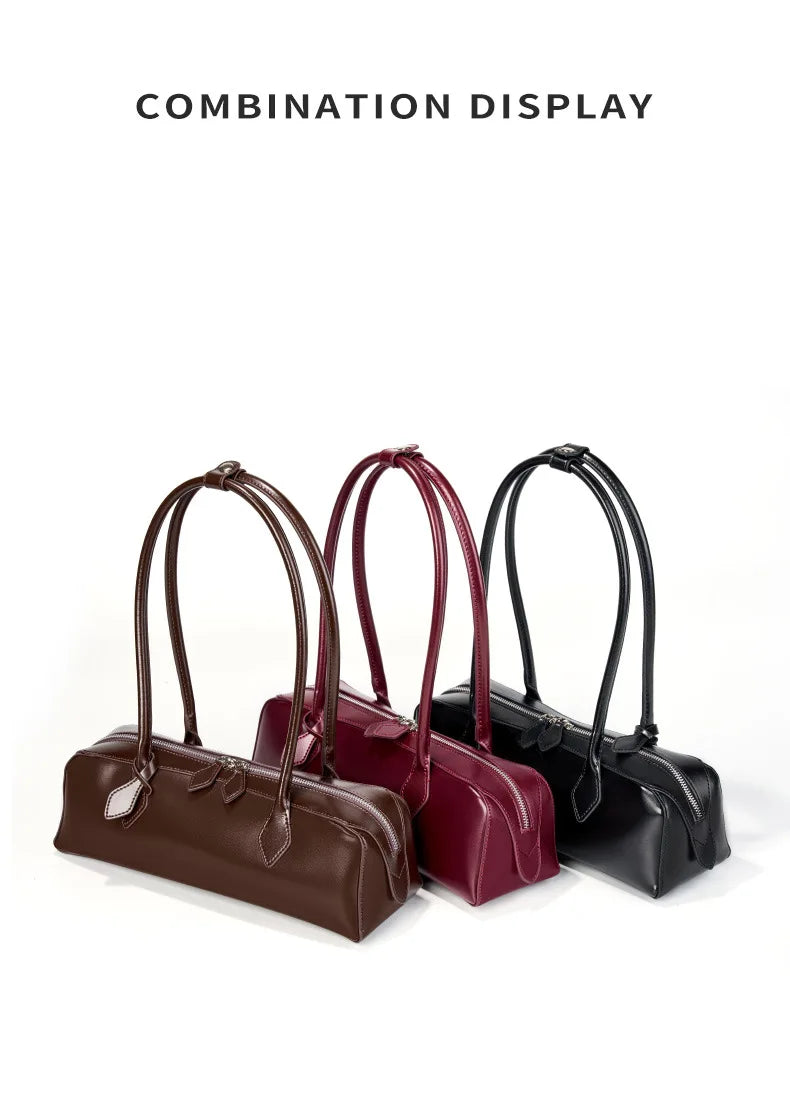 Vintage Genuine Leather Baguette Shoulder Bag – Korean Luxury Underarm Handbag for Women
