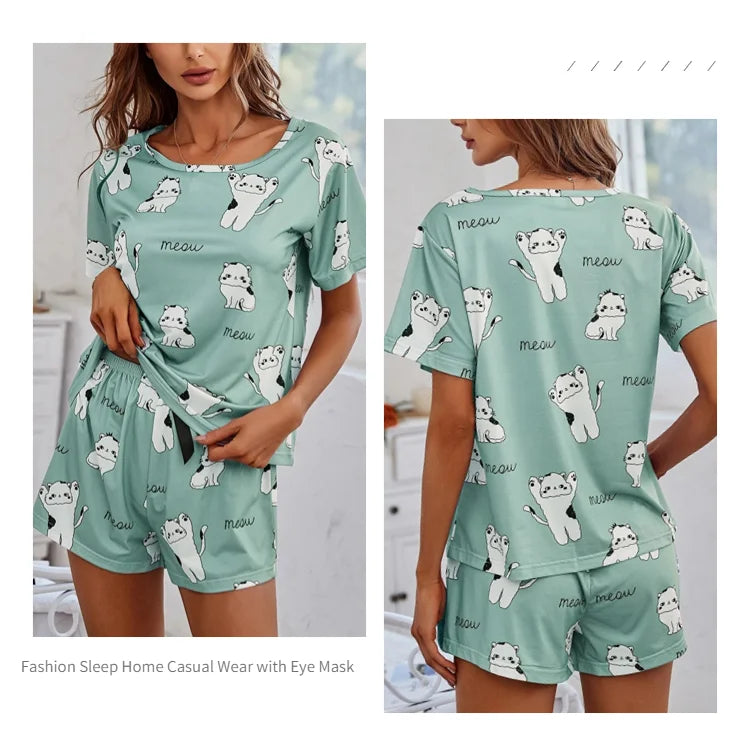Cartoon Print 2-Piece Pajama Set — Short Sleeve Top & Pants