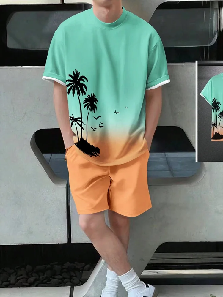 Men's Hawaiian Beach Print Short Sleeve T-Shirt & Shorts Set – Lightweight Sportswear