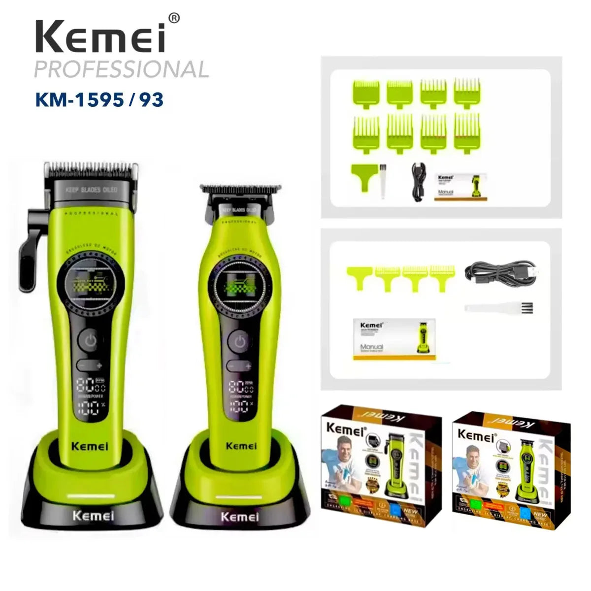 Kemei KM-1593 / KM-1595 Professional Brushless Clipper – 5-Speed, DLC Blade, 200-Min, USB-C