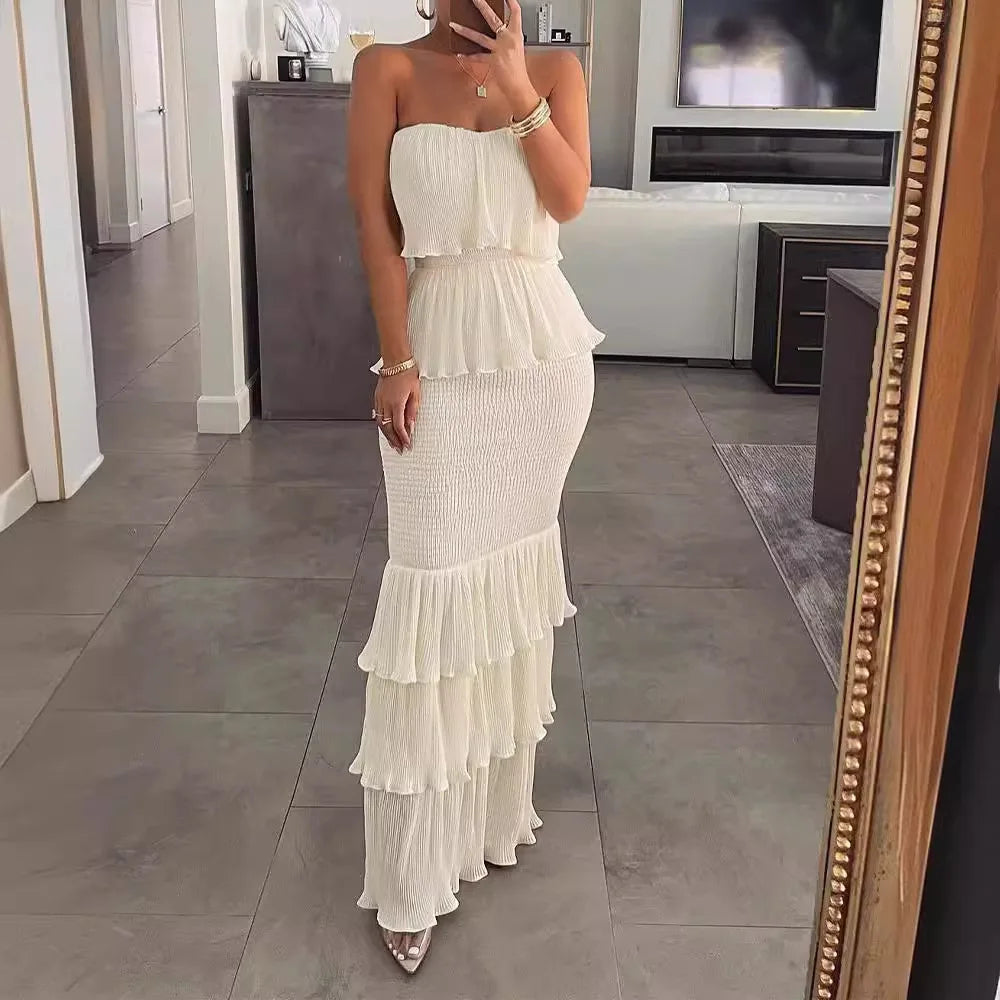 Bandeau Shirred Ruffle Layered Maxi Dress — Slim Fit Sleeveless Elegant Long Dress