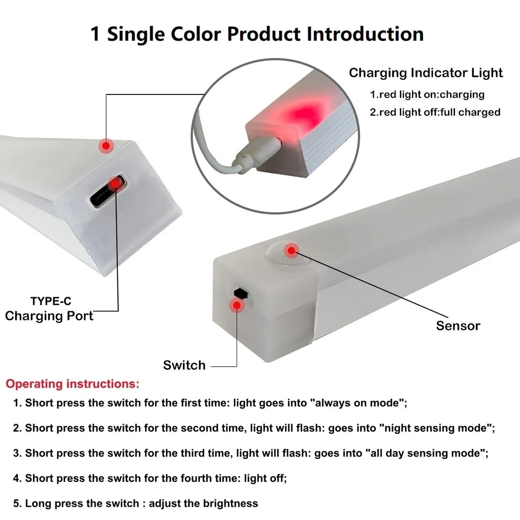 Wireless Motion Sensor LED Bar Light – USB-C Rechargeable, Magnetic Cabinet Lamp, 3 Color Temps, 4 Sizes