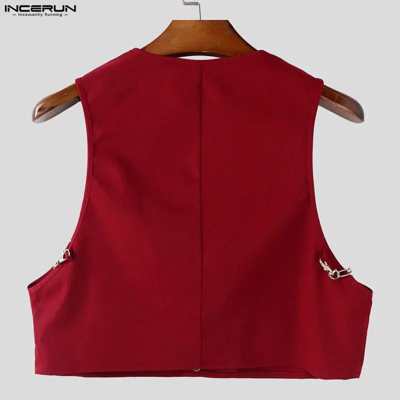 INCERUN Men's V-Neck Sleeveless Crop Vest — Solid Color Streetwear Waistcoat