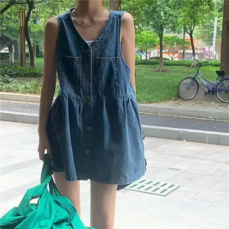 Sleeveless Denim Mini Dress — Korean Style Loose A-Line Dress with Pockets