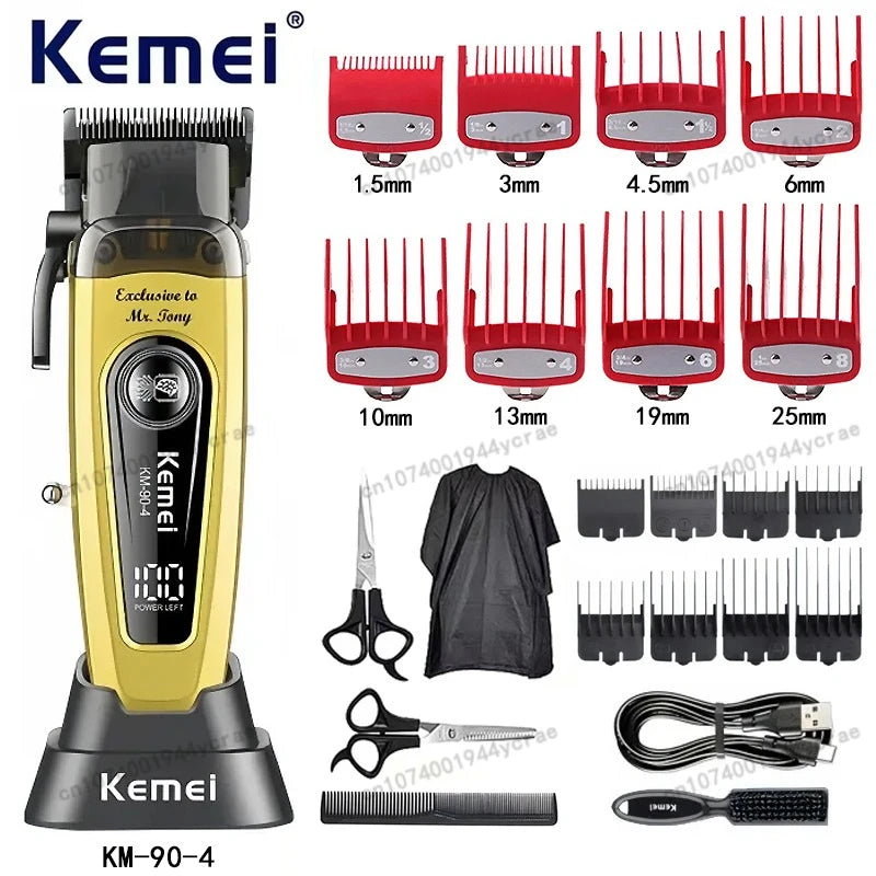 Kemei KM-90 Professional Hair Clipper Set – DLC Blade, Brushless Motor, 11,500 RPM, Cordless Barber Kit