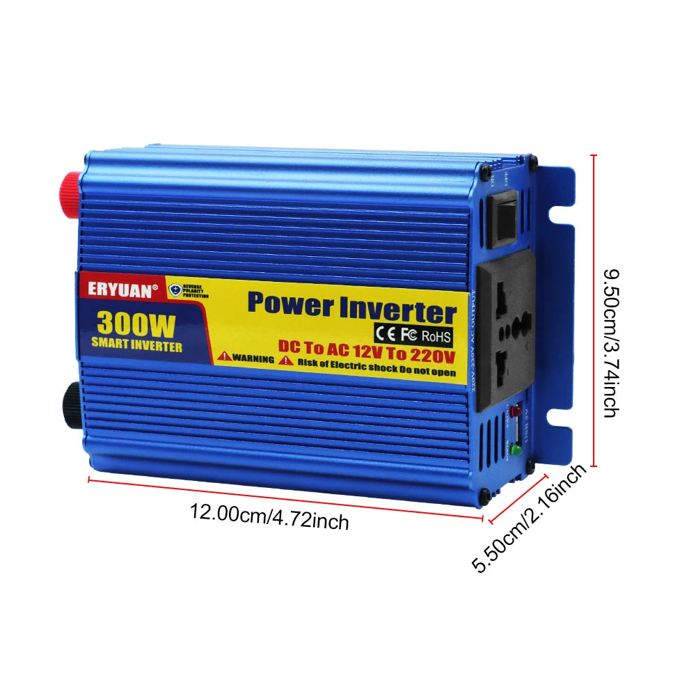 Blue 300W power inverter with yellow and red label details, shown with red dimension lines indicating 12.00cm/4.