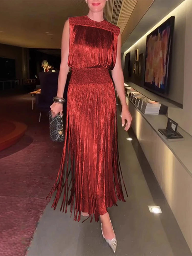 Sequin Tassel Evening Dress — Sleeveless O-Neck High Waist Slim Long Party Dress