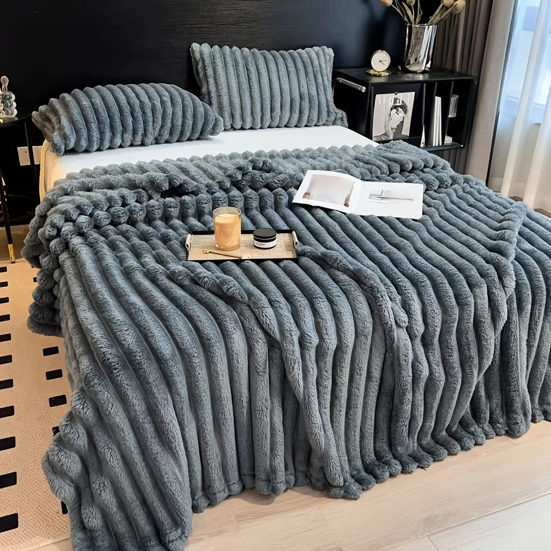 Thickened Wide Stripe Plush Flannel Multifunctional Blanket – Bed Sheet, Sofa & Nap Cover, 7 Colors & 5 Sizes
