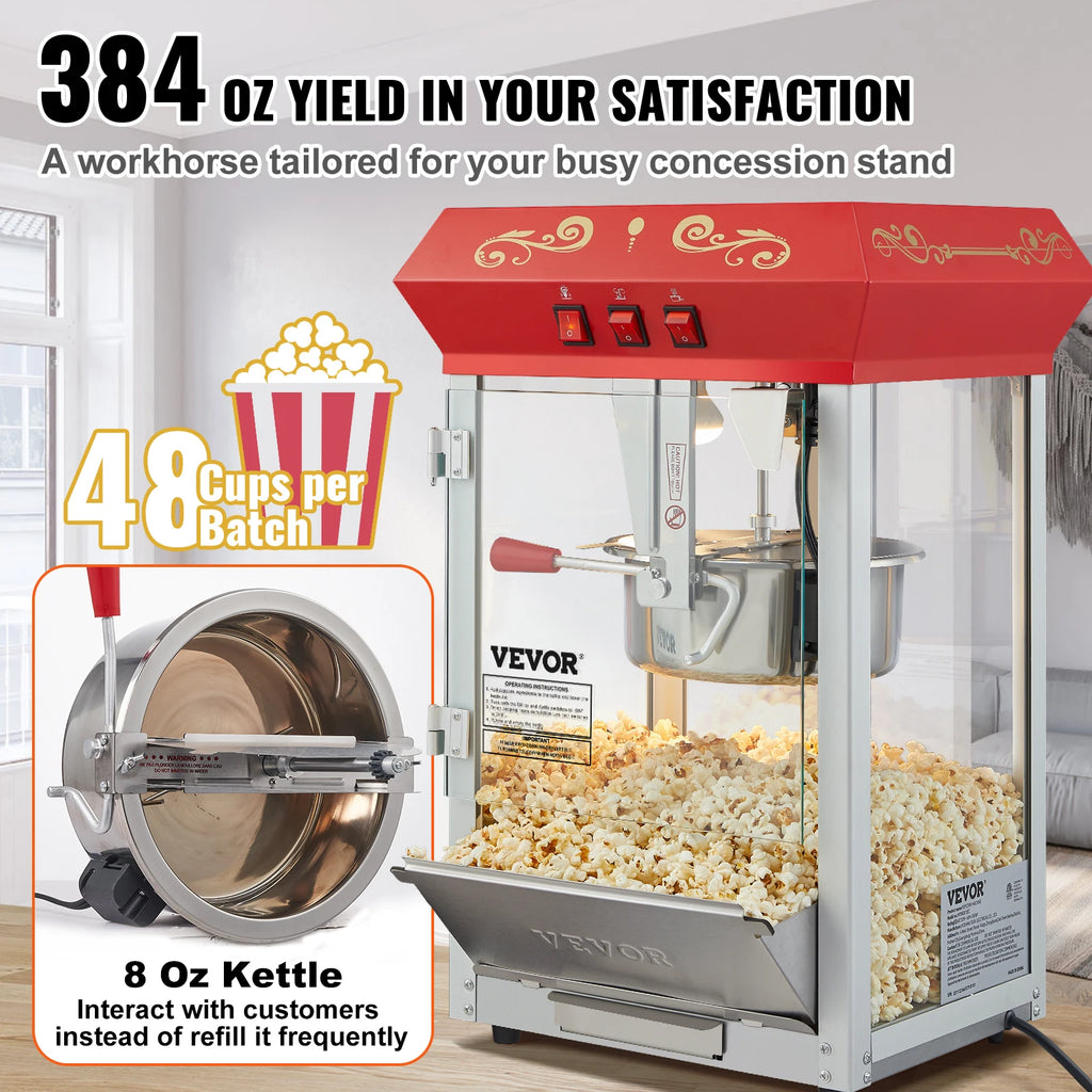 Commercial Electric Popcorn Maker 8/12oz — Automatic Popper with SUS304 Heating Tube